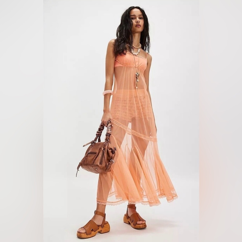NWOT Intimately Free People Madeline
Mesh Maxi Slip Dress Lace Sheer
Peach